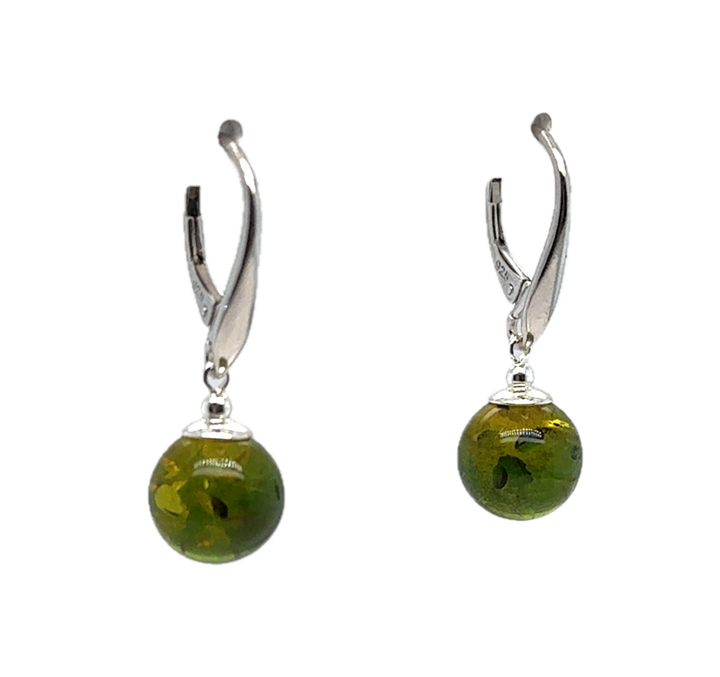 Sterling Silver Baltic Amber Green Drop Ball Earrings