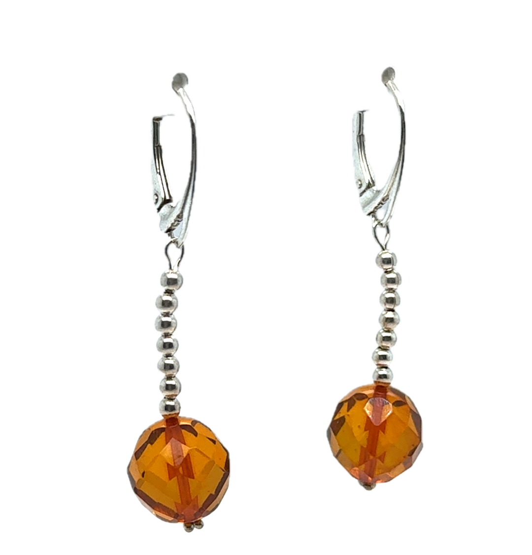 Sterling Silver Baltic Amber Drop Faceted Ball Earrings