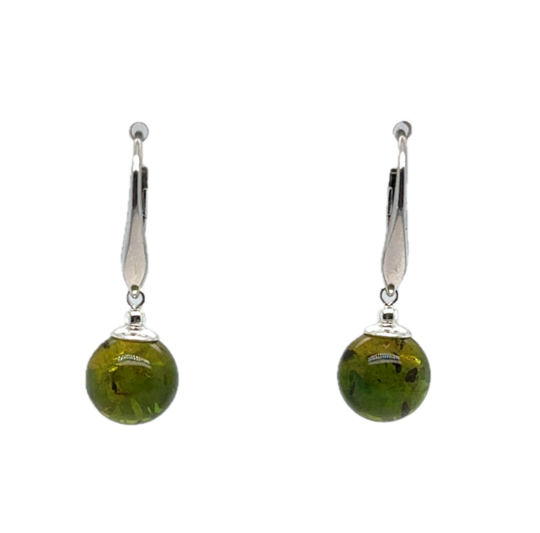 Sterling Silver Baltic Amber Green Drop Ball Earrings