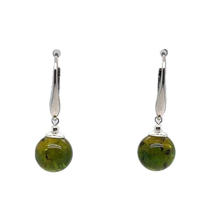 Sterling Silver Baltic Amber Green Drop Ball Earrings