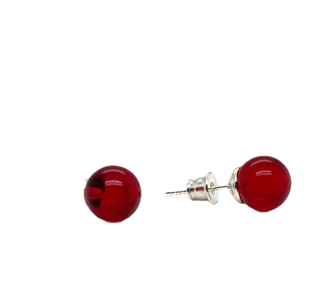 Sterling Silver Baltic Amber Red Ball Stud Earrings