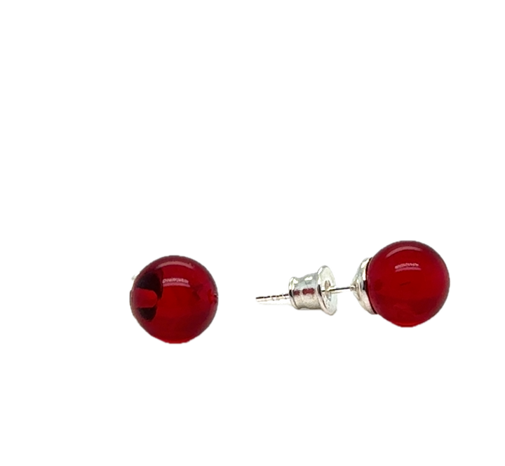 Sterling Silver Baltic Amber Red Ball Stud Earrings