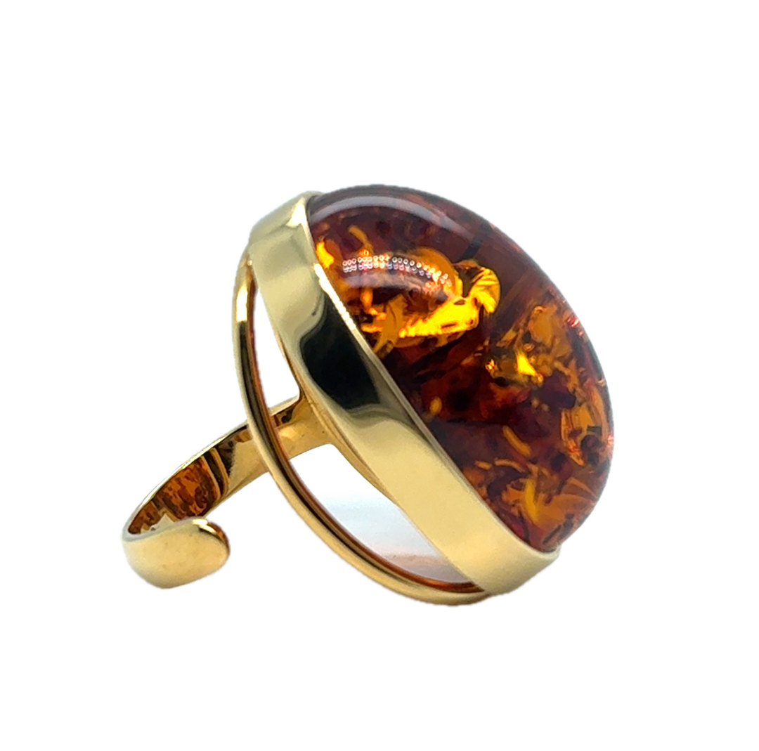 Gold Plated Baltic Amber Large Adjustable Ring