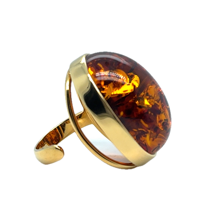 Gold Plated Baltic Amber Large Adjustable Ring