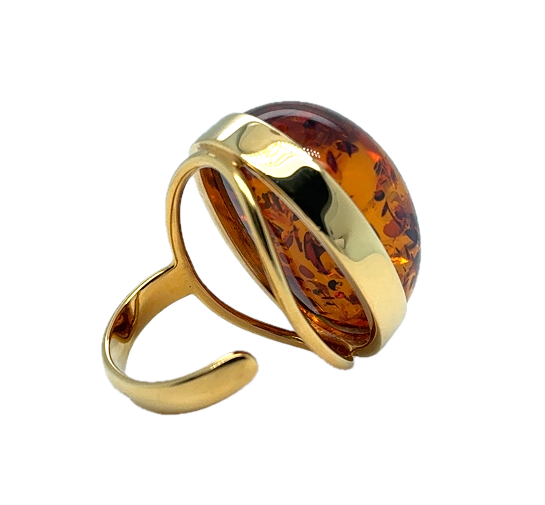 Gold Plated Baltic Amber Large Adjustable Ring