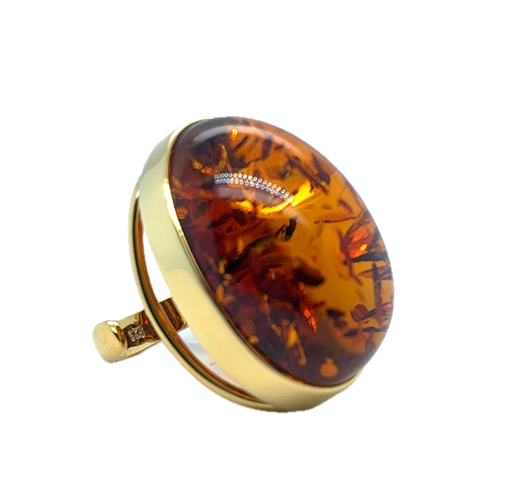 Gold Plated Baltic Amber Large Adjustable Ring