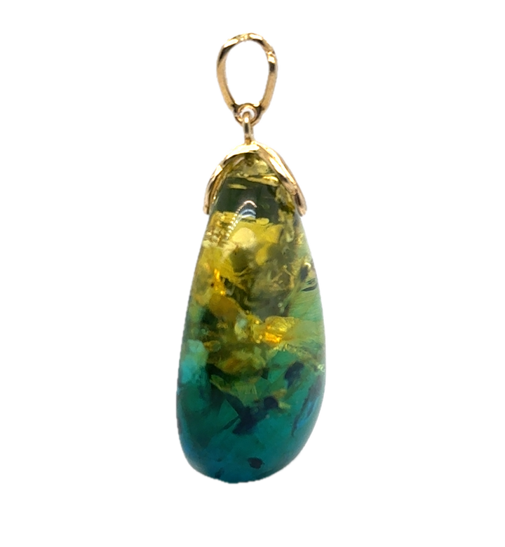 Gold Plated Green Blue Baltic Amber Drop Pendant