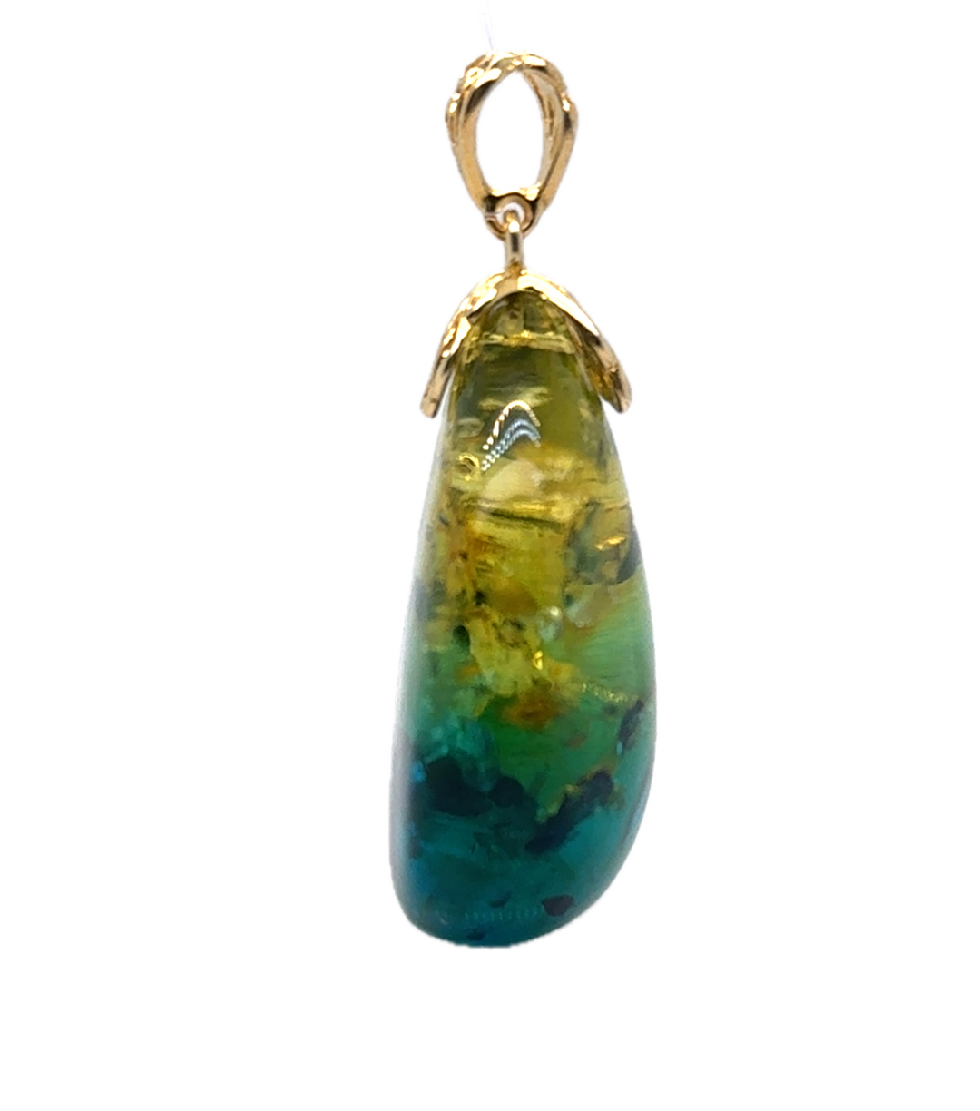 Gold Plated Green Blue Baltic Amber Drop Pendant