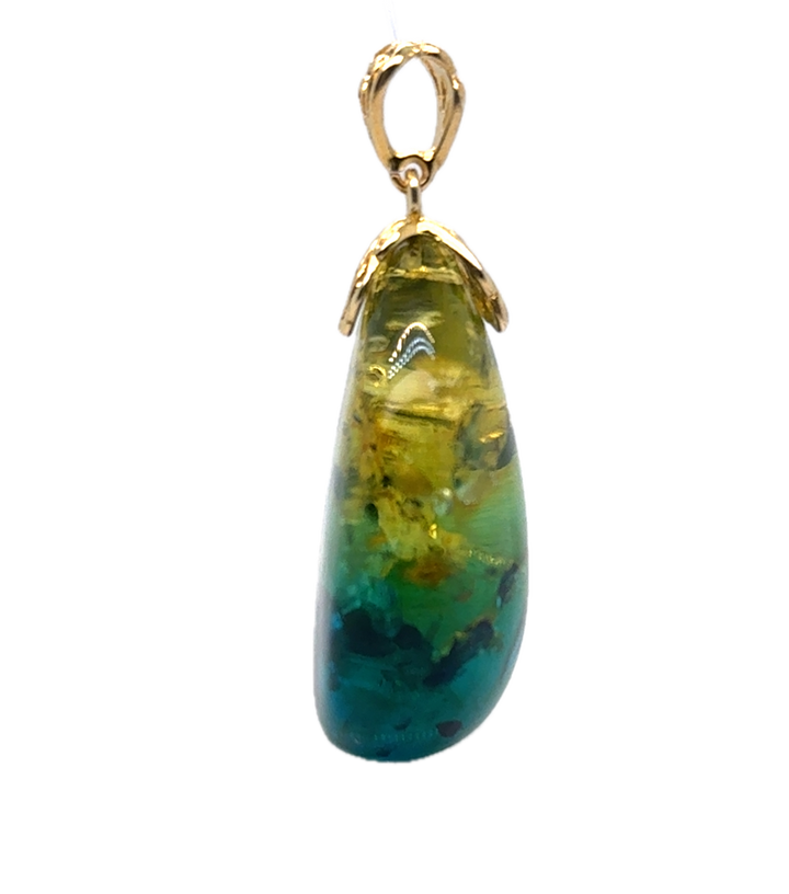 Gold Plated Green Blue Baltic Amber Drop Pendant