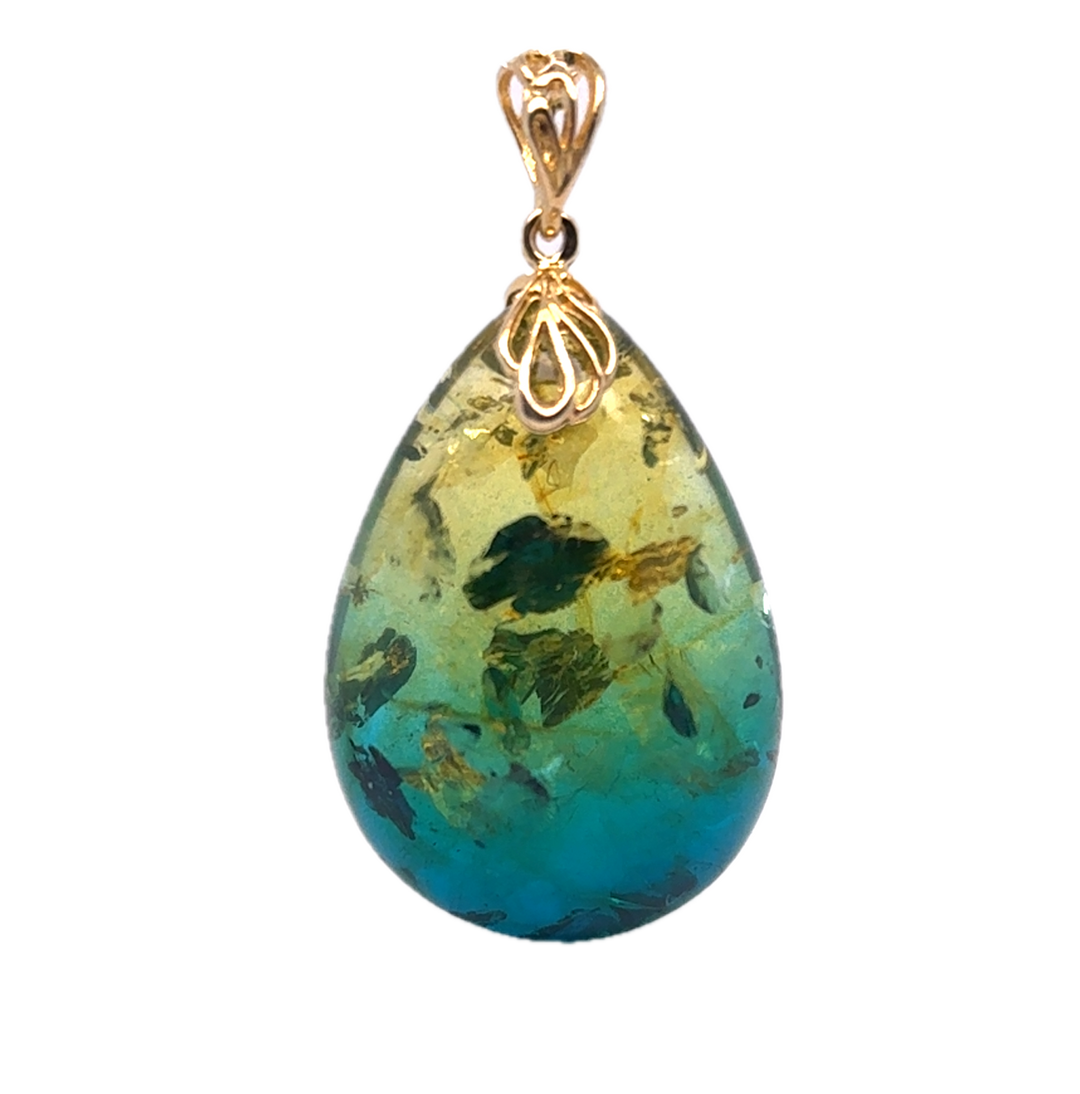Gold Plated Green Blue Baltic Amber Drop Pendant