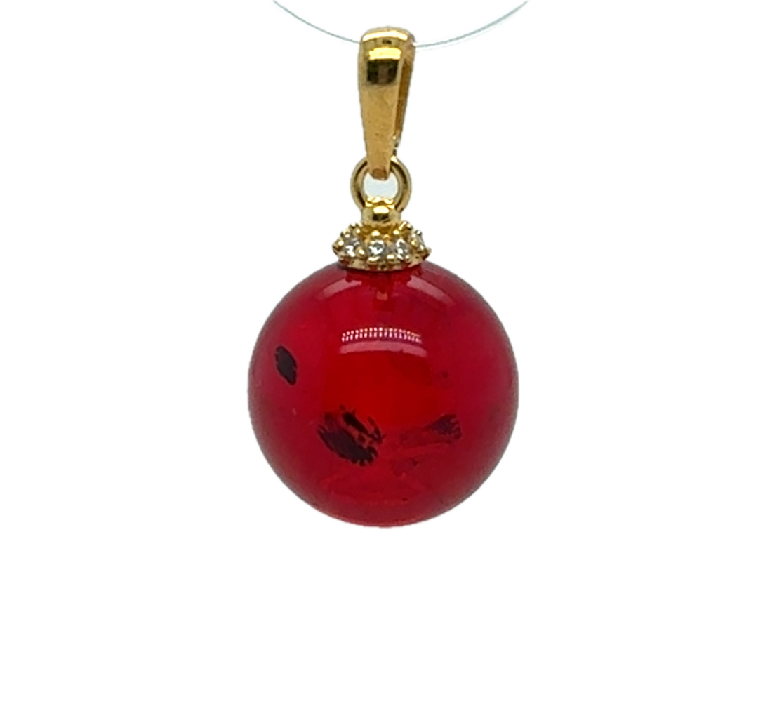 Gold Plated Red Baltic Amber Ball Pendant