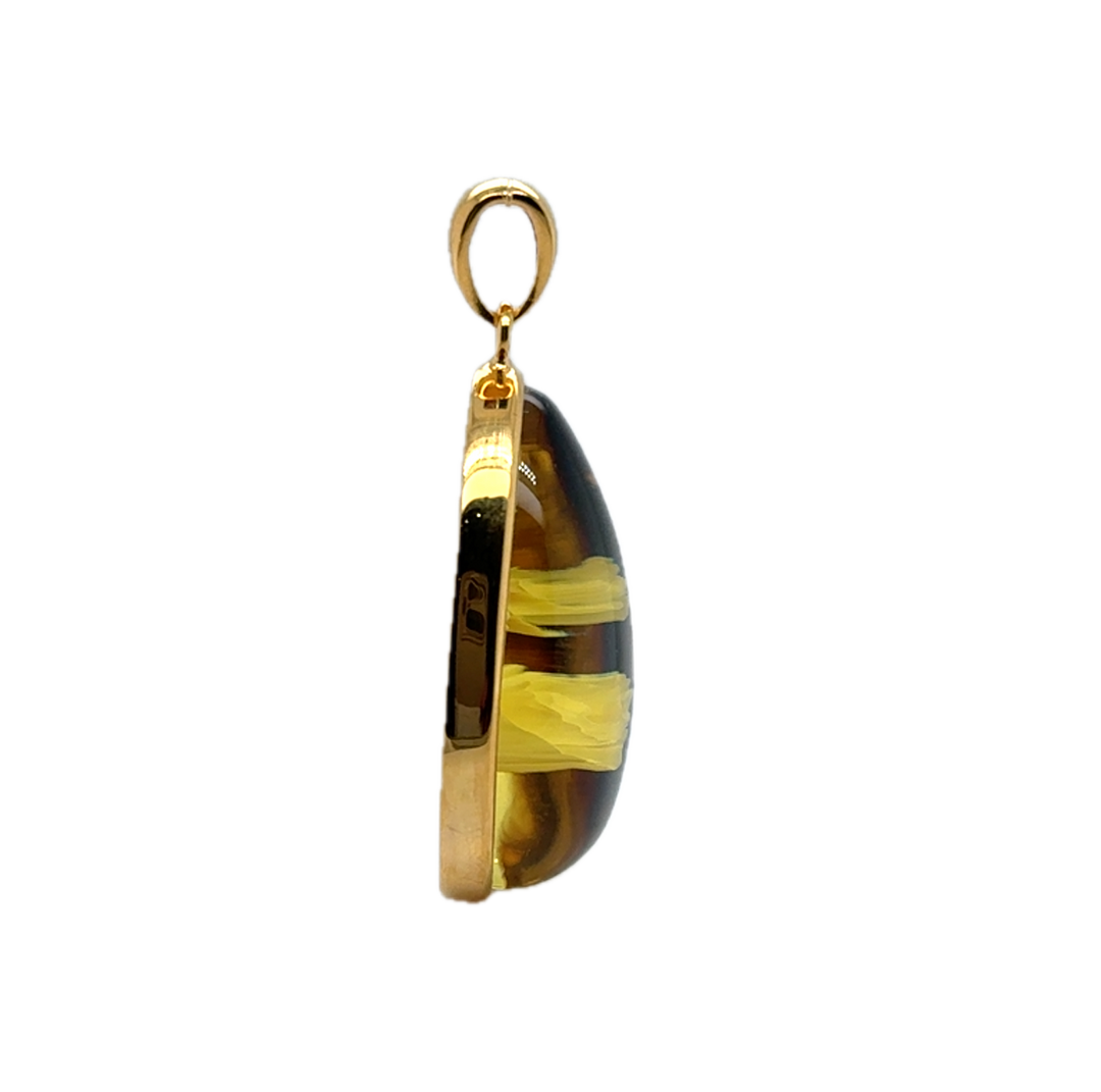 Gold Plated Baltic Amber With Hand Carved Bird &amp; Rose Pendant