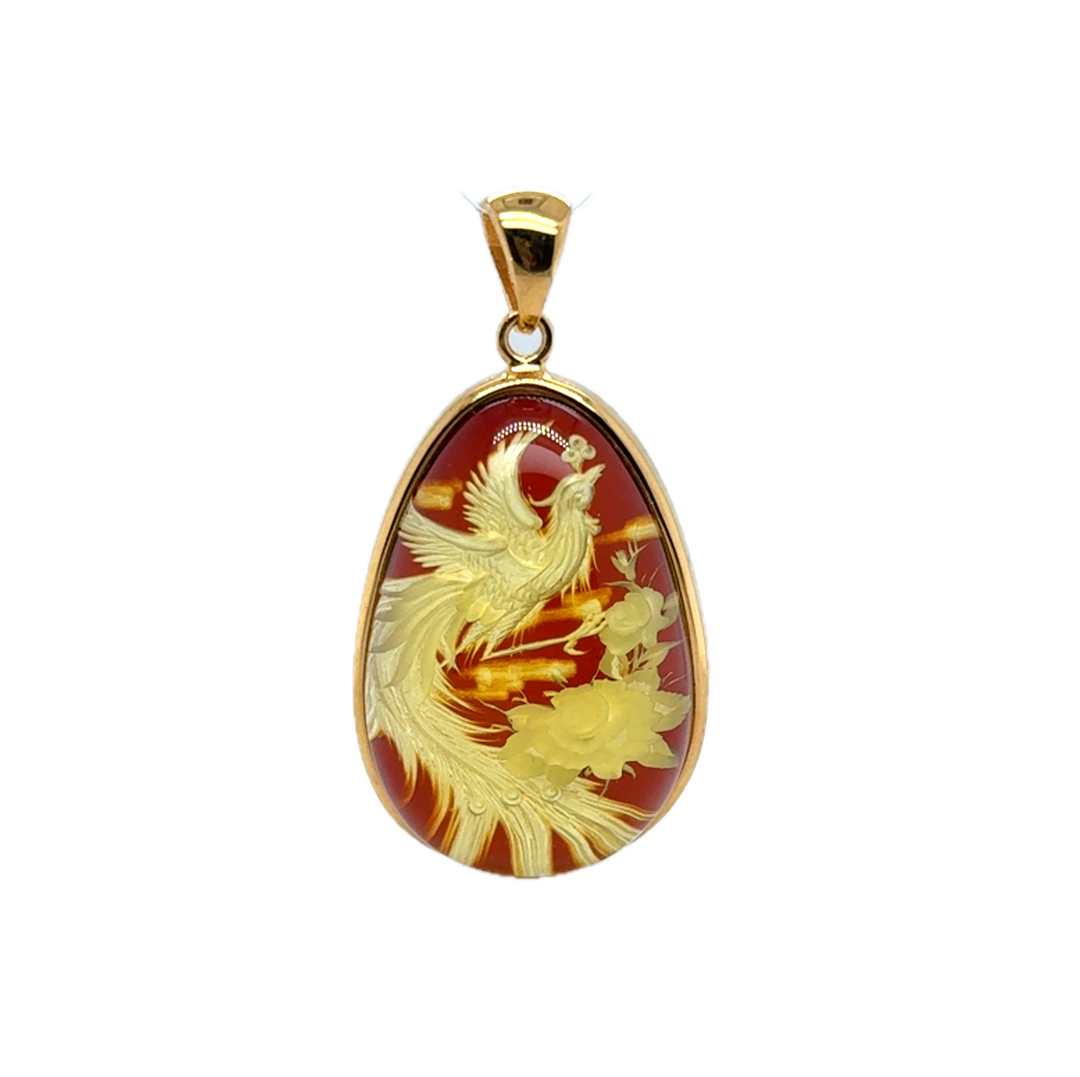 Gold Plated Baltic Amber With Hand Carved Bird &amp; Rose Pendant