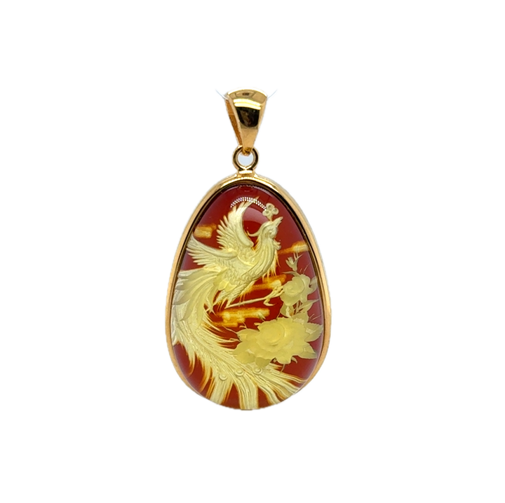 Gold Plated Baltic Amber With Hand Carved Bird &amp; Rose Pendant