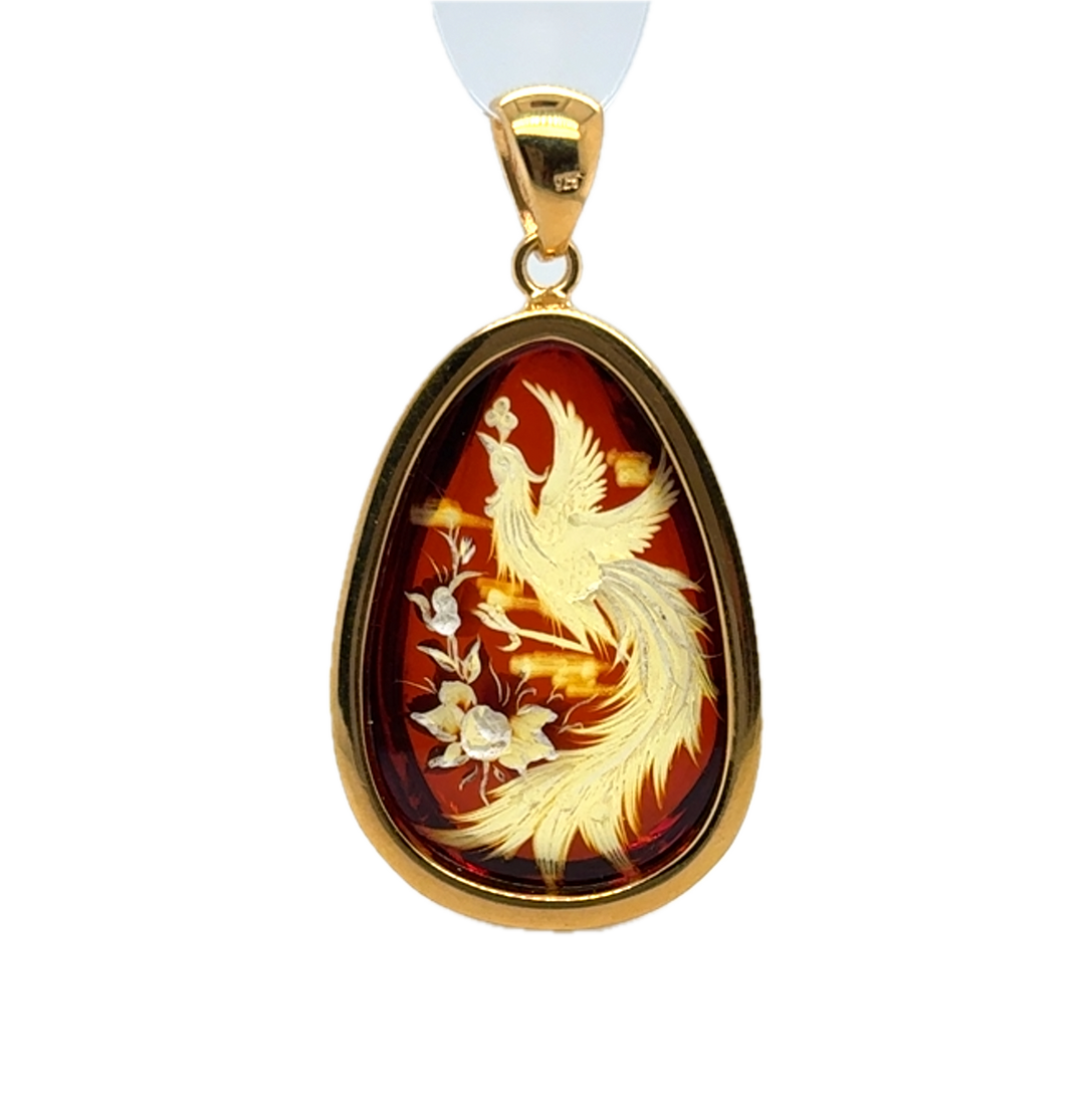 Gold Plated Baltic Amber With Hand Carved Bird &amp; Rose Pendant