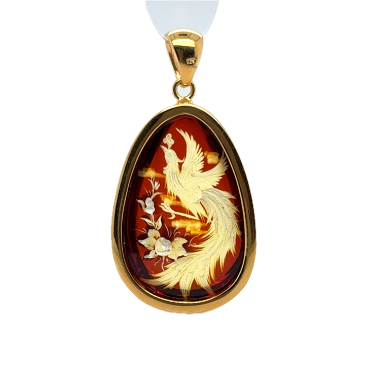 Gold Plated Baltic Amber With Hand Carved Bird &amp; Rose Pendant