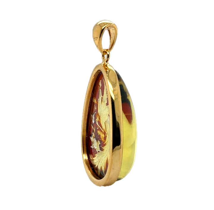 Gold Plated Baltic Amber With Hand Carved Bird &amp; Rose Pendant