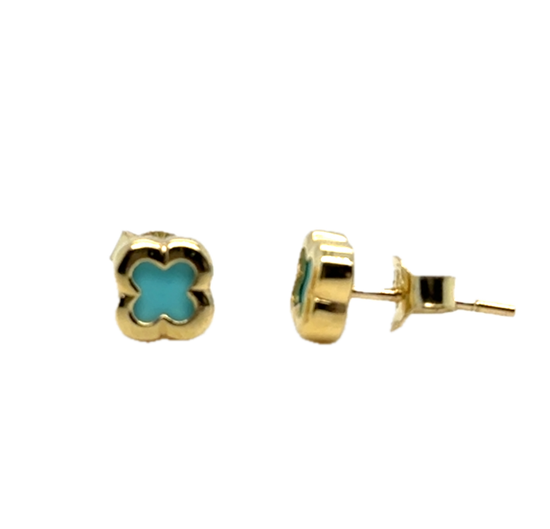 9k Yellow Gold Turquoise Flower Stud Earrings