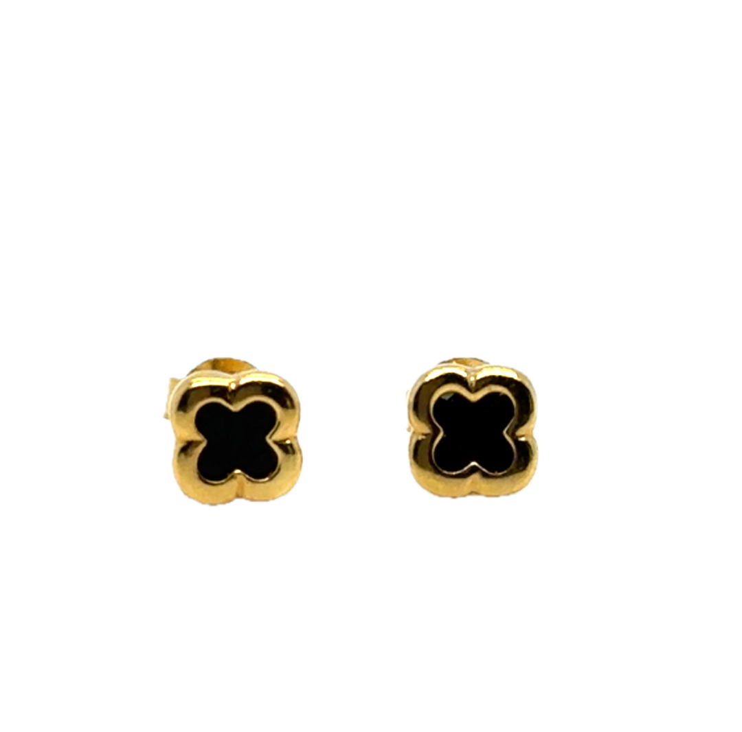 9k Yellow Gold Black Onyx Flower Stud Earrings