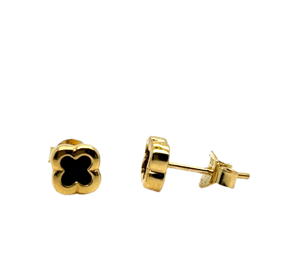 9k Yellow Gold Black Onyx Flower Stud Earrings