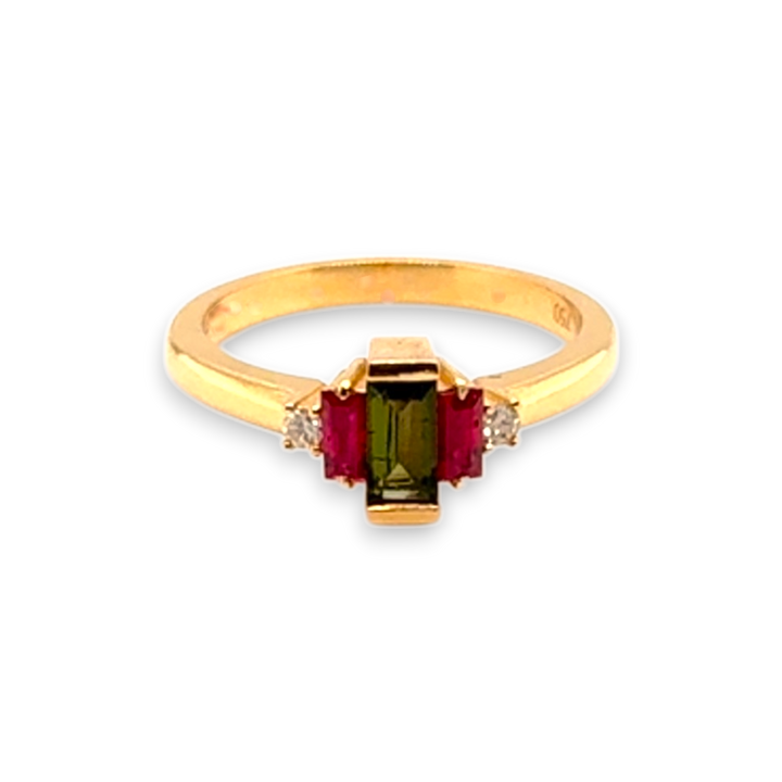 18ct Yellow Gold Green Tourmaline Ruby &amp; Diamond Ring