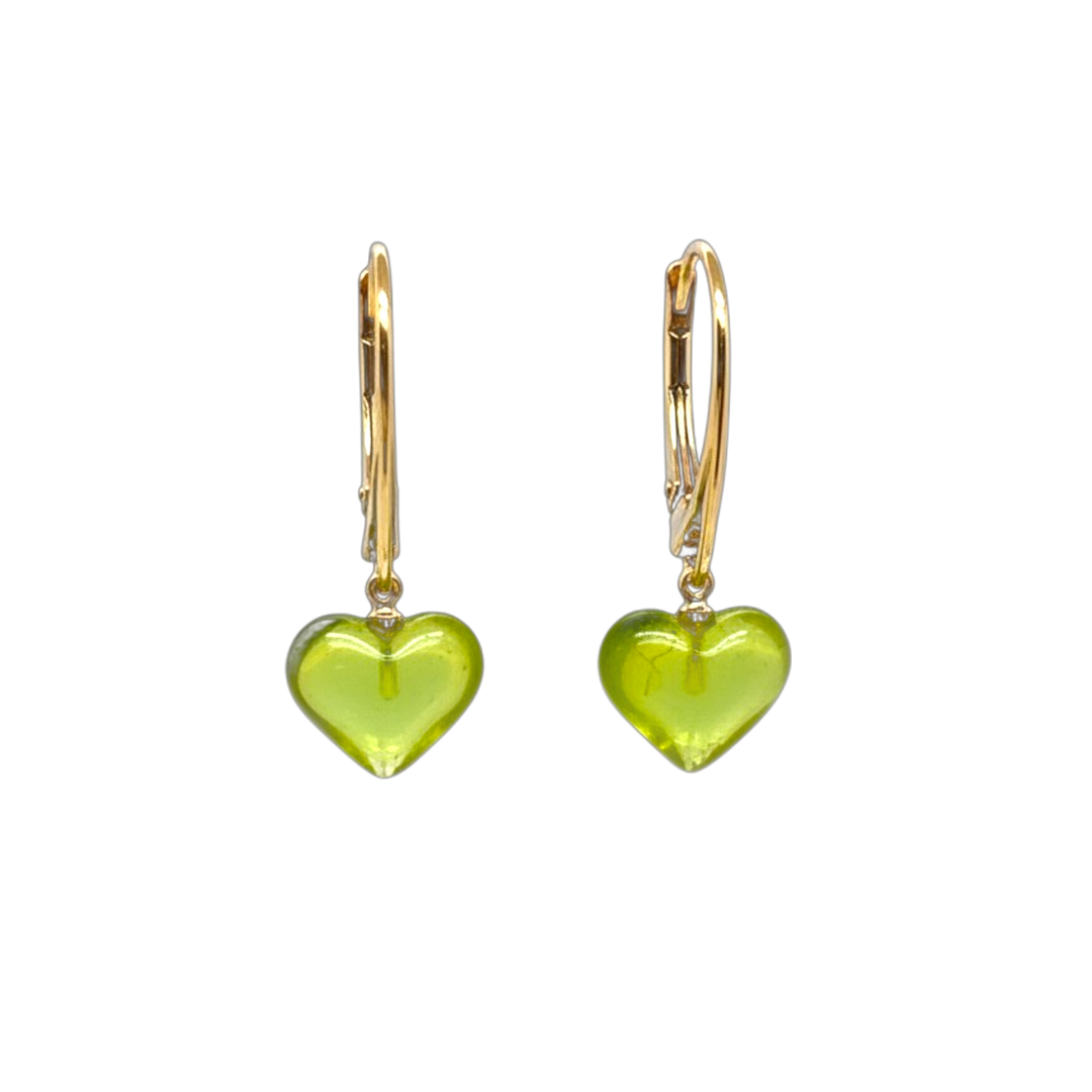 Gold Plated Green Amber Heart Drop Earrings
