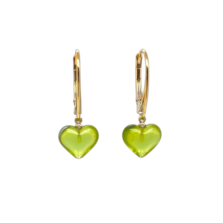 Gold Plated Green Amber Heart Drop Earrings