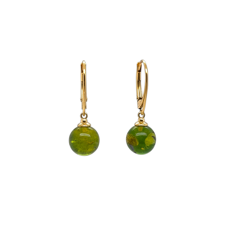 Gold Plated Green Amber Drop Earrings