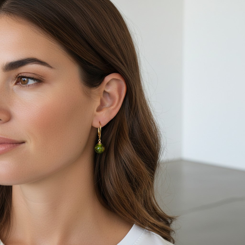 Gold Plated Green Amber Drop Earrings