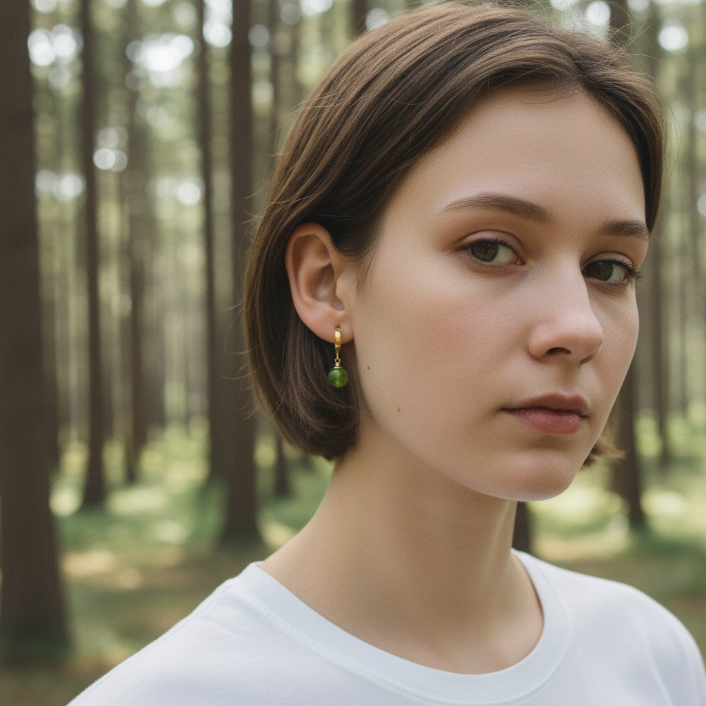 Gold Plated Green Amber Drop Earrings