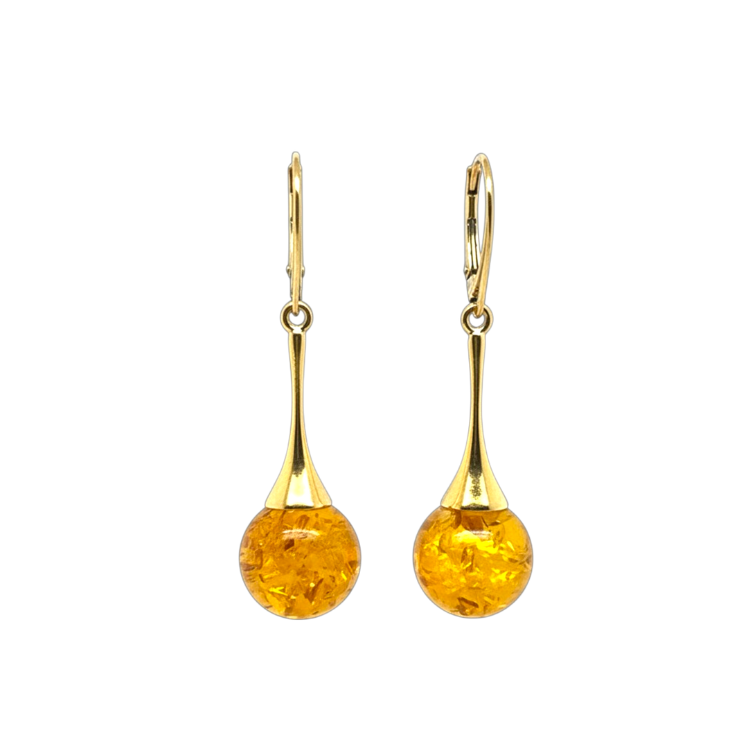 Gold Plated Long Baltic Amber Drop Earrings