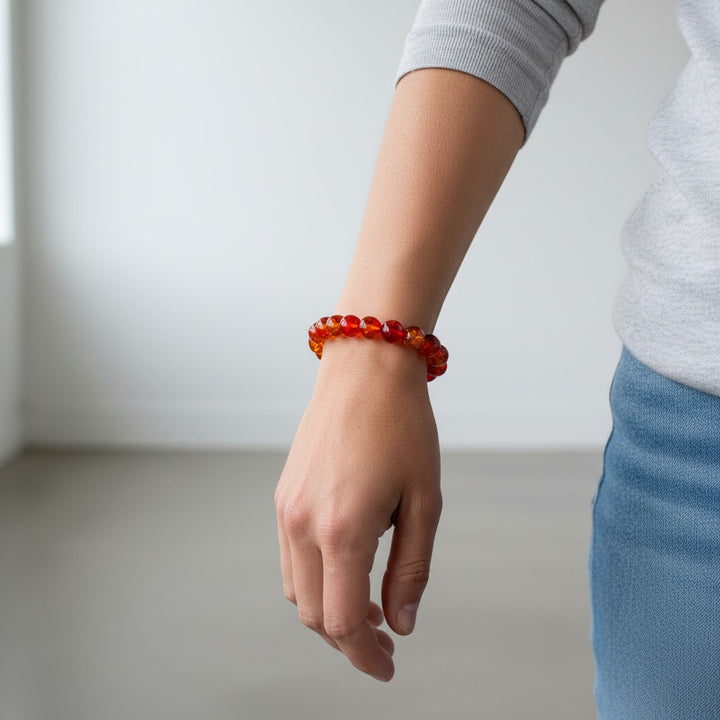 Red Yellow Gradient Amber Beaded Stretch Bracelet