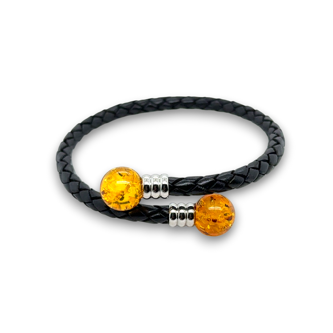 Black Leather &amp; Baltic Amber Bracelet