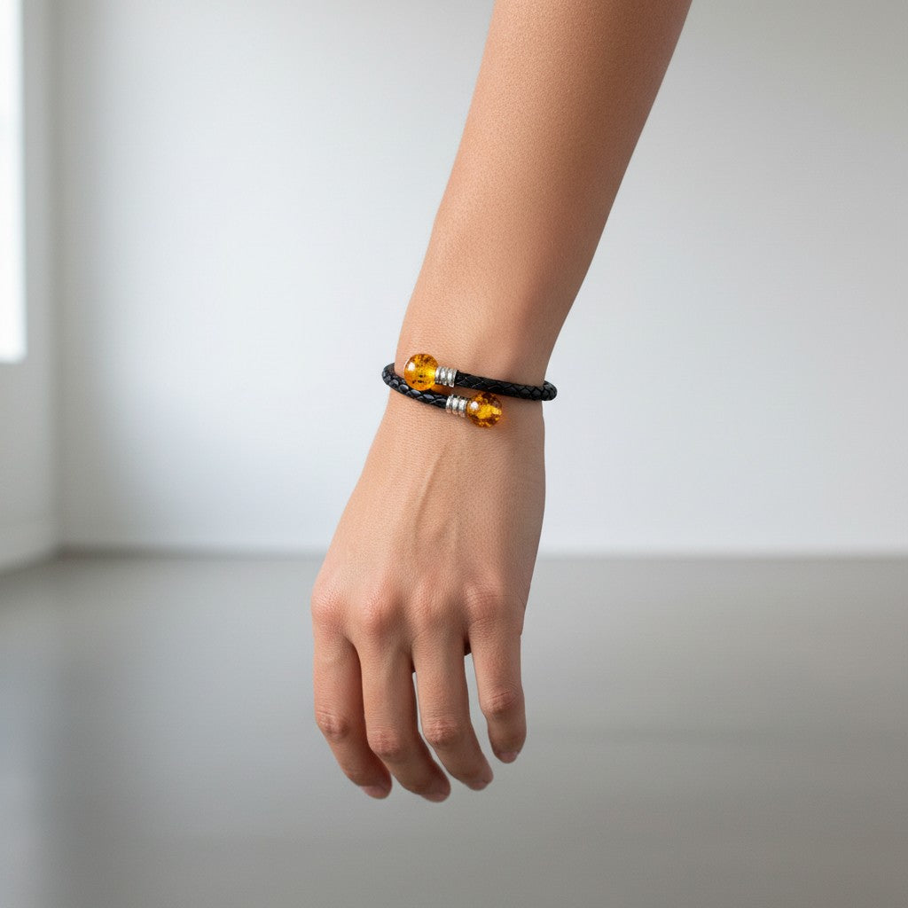 Black Leather &amp; Baltic Amber Bracelet
