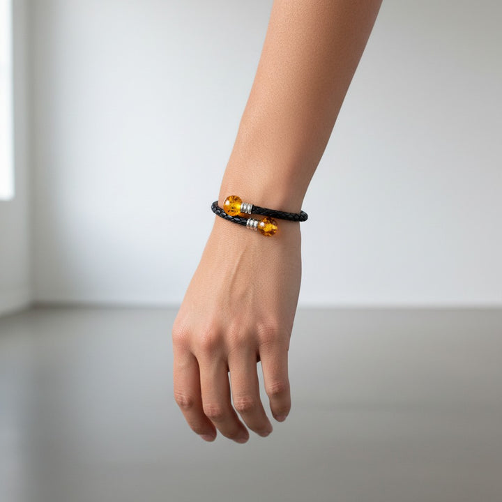 Black Leather &amp; Baltic Amber Bracelet