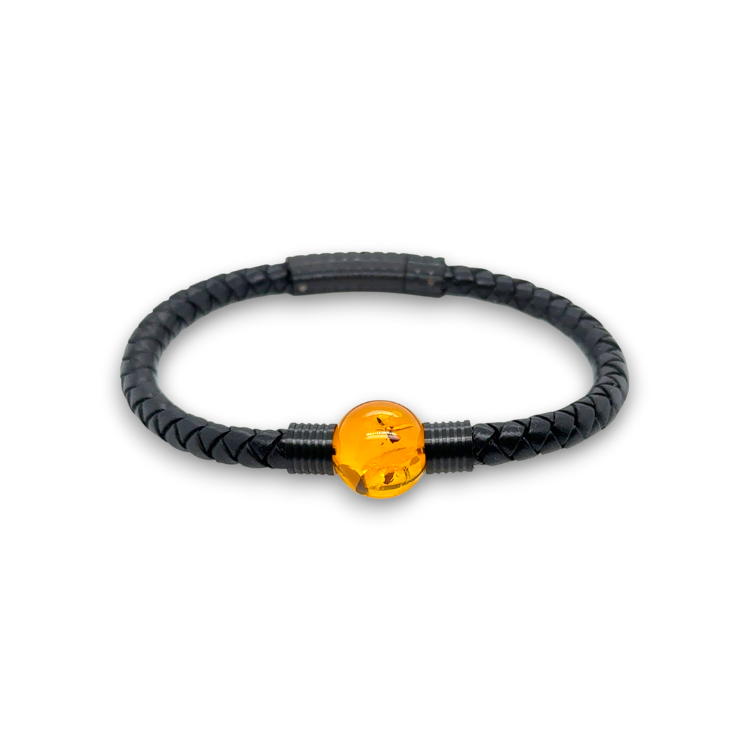 Black Leather &amp; Baltic Amber Bracelet