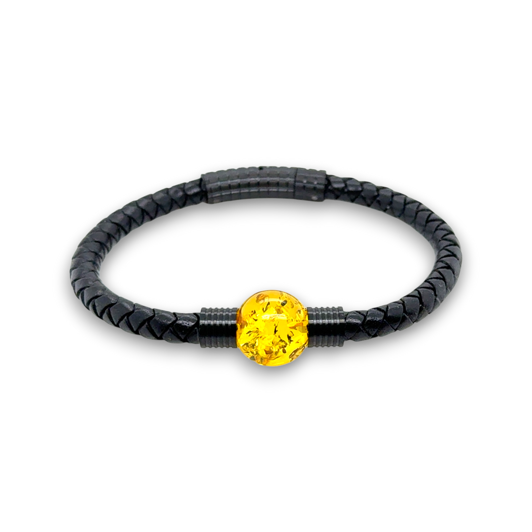 Black Leather &amp; Baltic Amber Bracelet