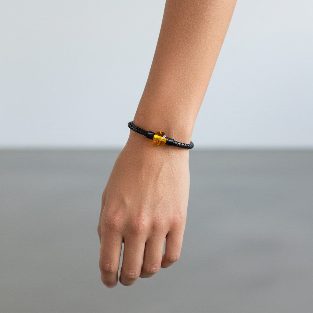 Black Leather &amp; Baltic Amber Bracelet