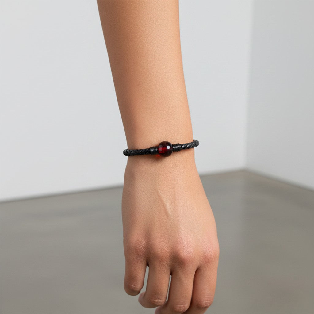 Black Leather &amp; Baltic Amber Bracelet
