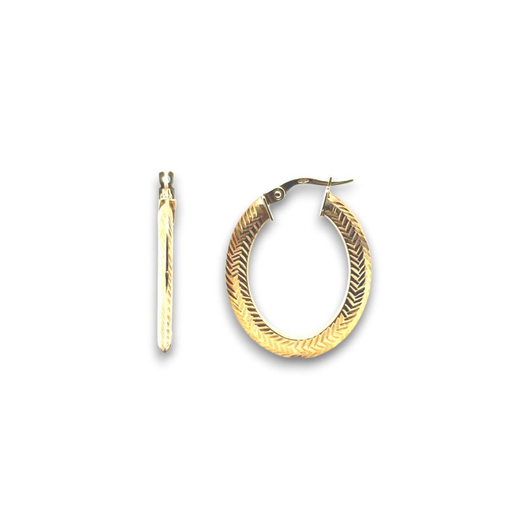 9k Yellow Gold Patterned Oval Hoop Earrings