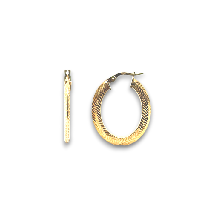9k Yellow Gold Patterned Oval Hoop Earrings