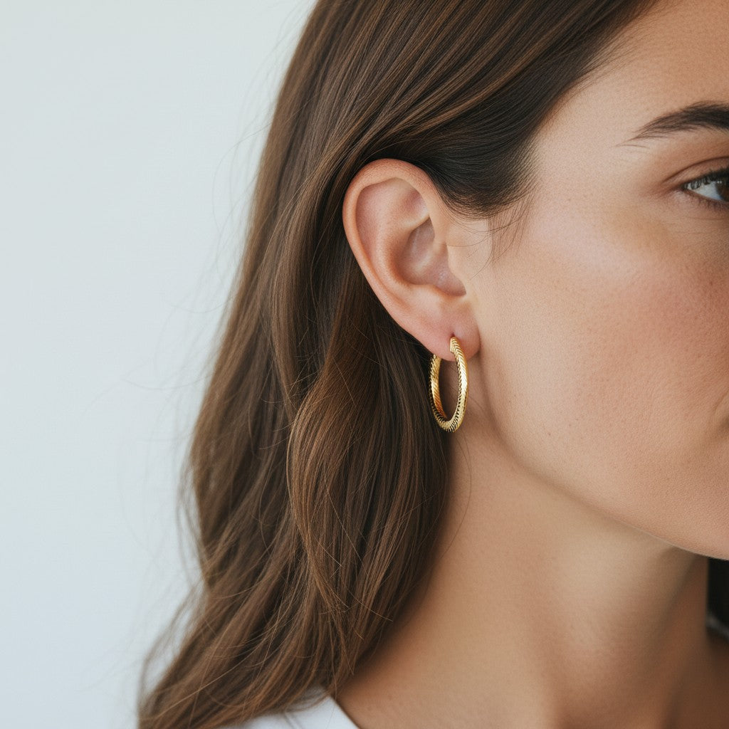 9k Yellow Gold Patterned Oval Hoop Earrings