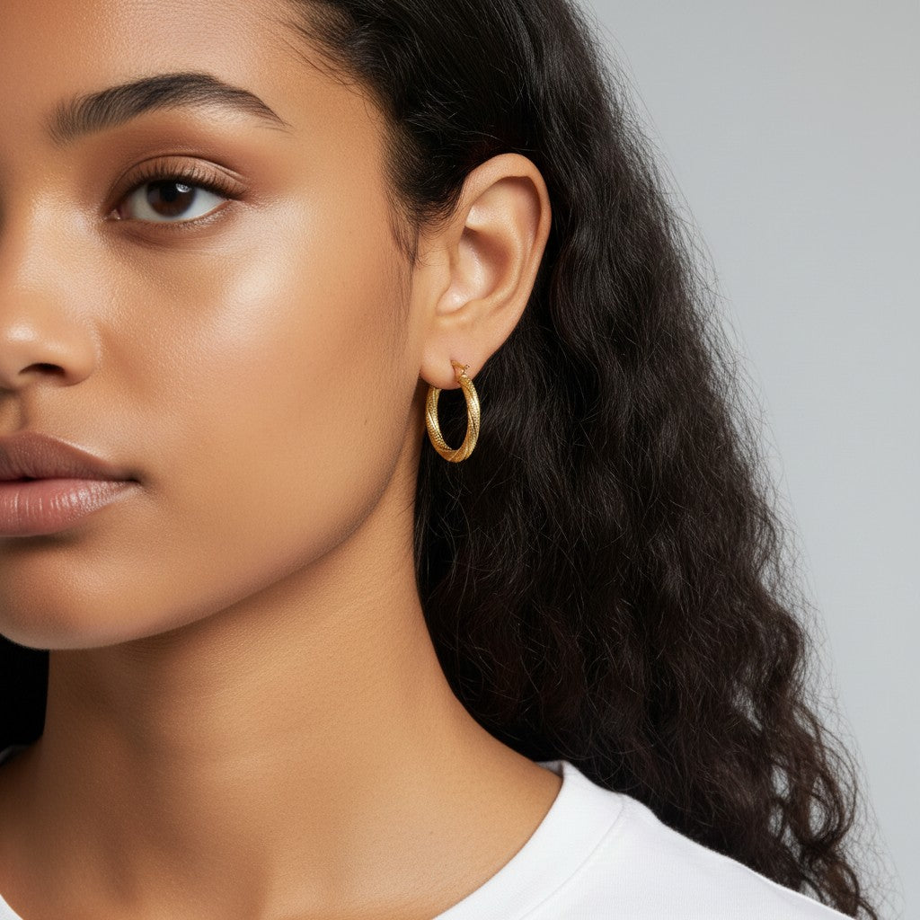 9ct Yellow Gold Twisted Matte Oval Hoop Earrings