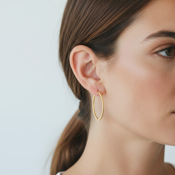 9ct Yellow Gold Oval Patterned Hoop Earrings