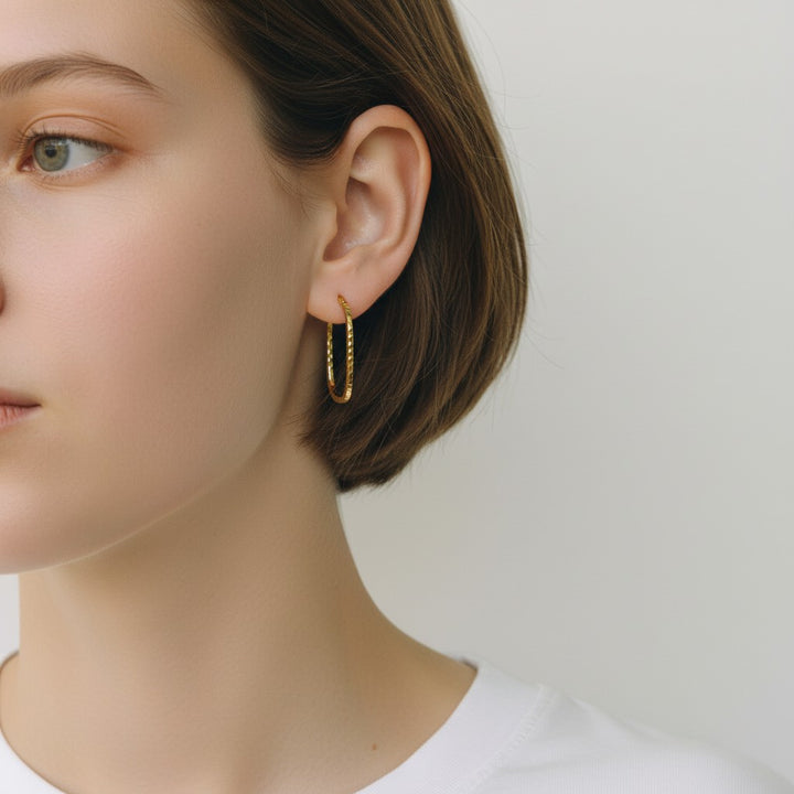 9ct Yellow Gold Oval Patterned Hoop Earrings