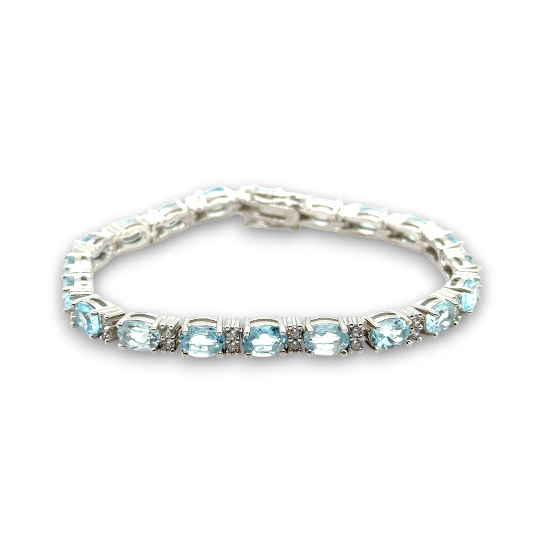Sterling Silver Blue Topaz &amp; CZ Tennis Bracelet
