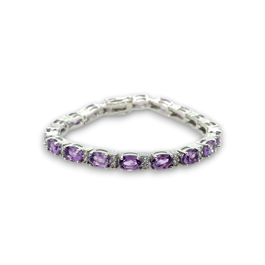 Sterling Silver Oval Amethyst &amp; CZ Tennis Bracelet