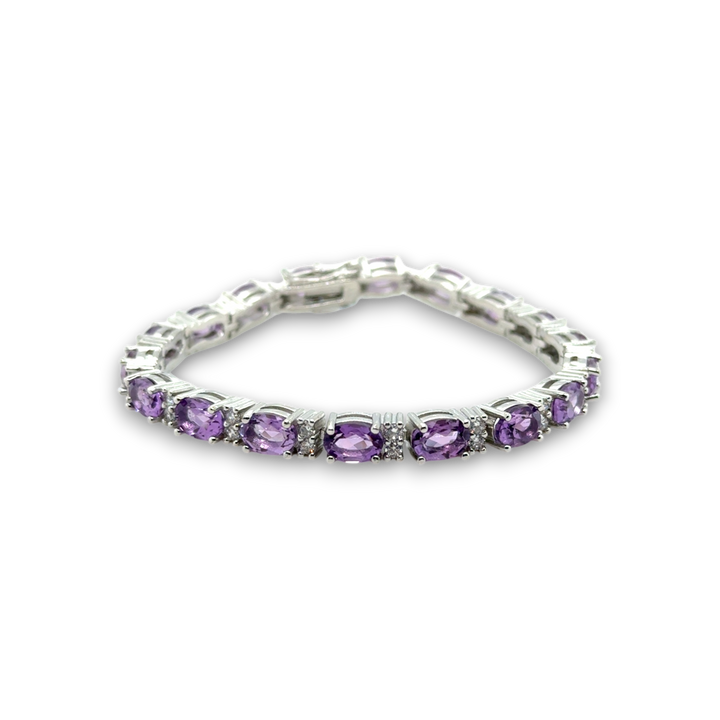 Sterling Silver Oval Amethyst &amp; CZ Tennis Bracelet