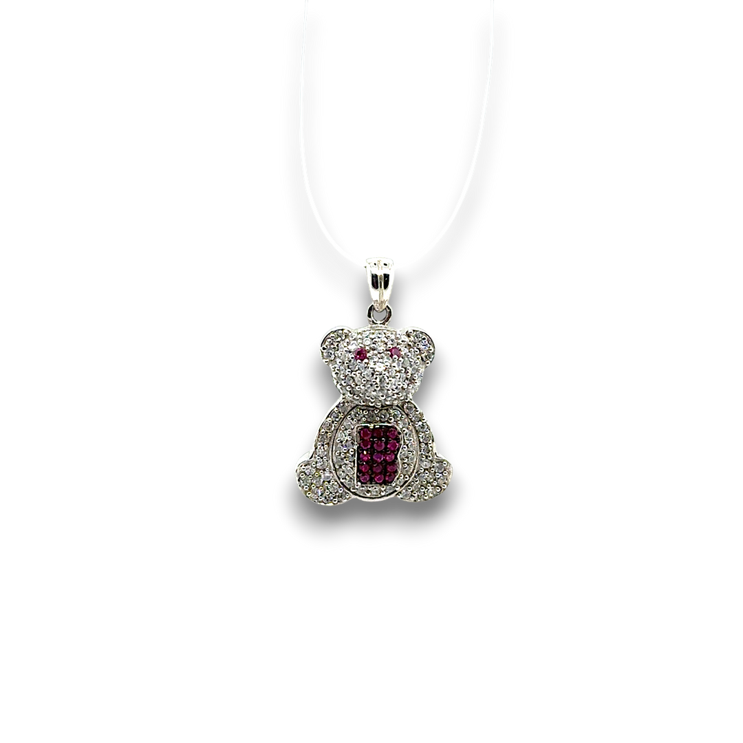 Sterling Silver CZ White and Pink Teddy Bear Pendant