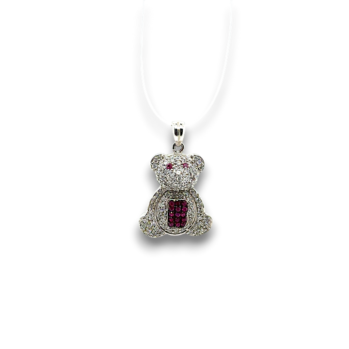 Sterling Silver CZ White and Pink Teddy Bear Pendant